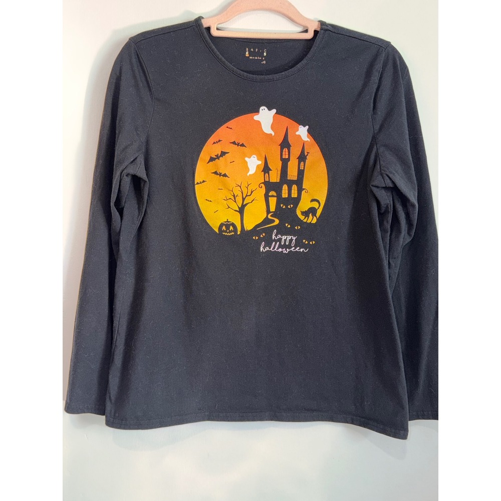 Basic Editions Halloween Haunted House Graphic Long Sleeve Tee Black Large